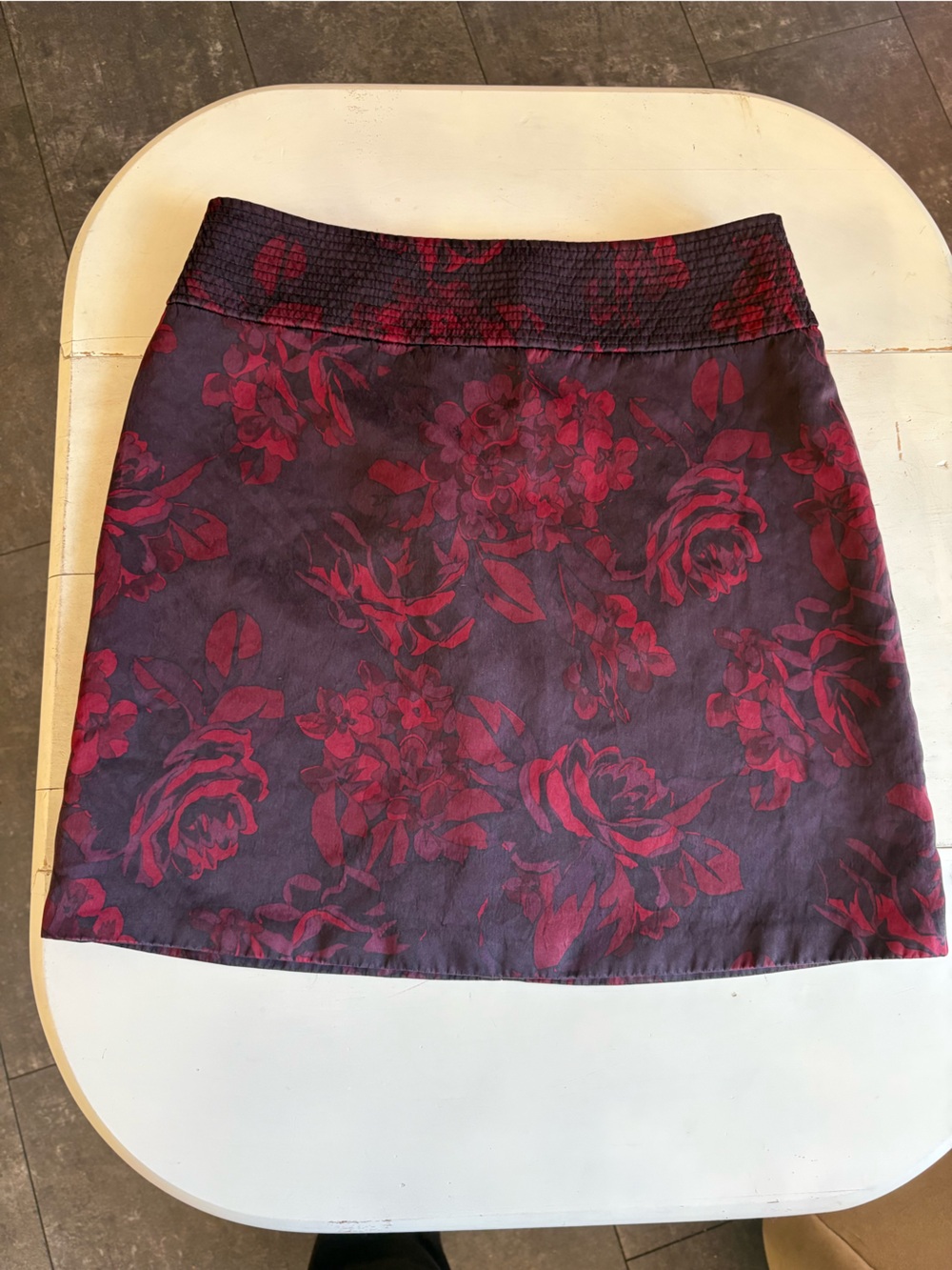 100% Silk Floral Print A-Line Skirt in Burgundy